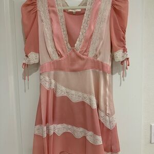 LoveShackFancy Pink and White Lace-Trim Mini Dress